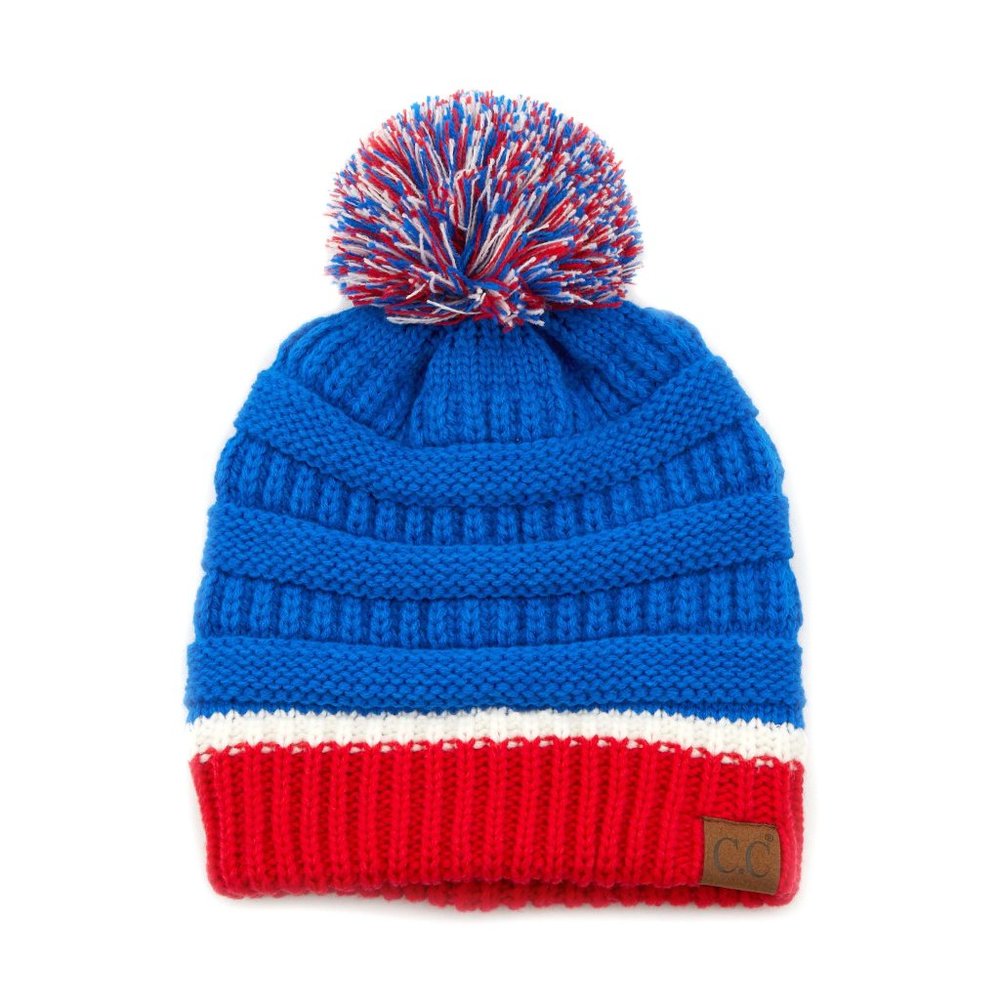 C.C Beanie College Color With Pom-BLUE/RED
